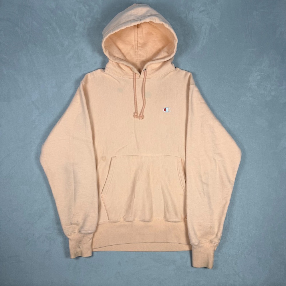 Y2K Mens Champion Reverse Weave Hoodie Peach Pastel Streetwear Medium